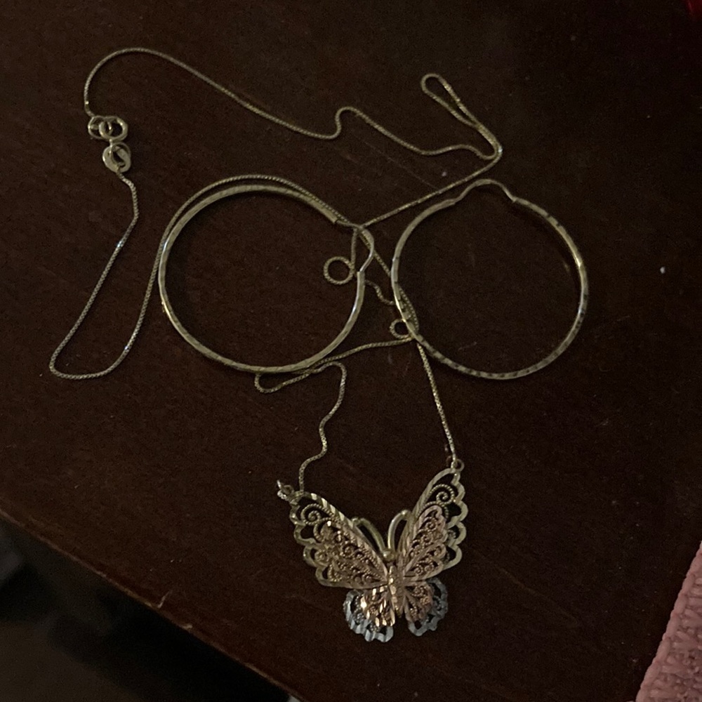 Butterfly 14kt necklace with 10k gold hoops